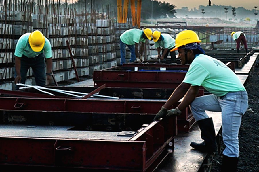 Reinforcement and formwork being assembled on a road construction project